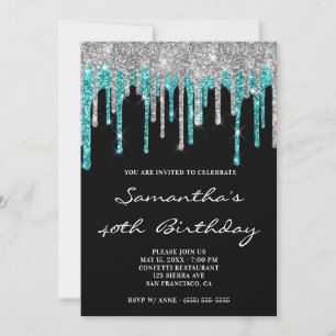 Sparkly Silver Cyan Glitter Drips Black Birthday Invitation