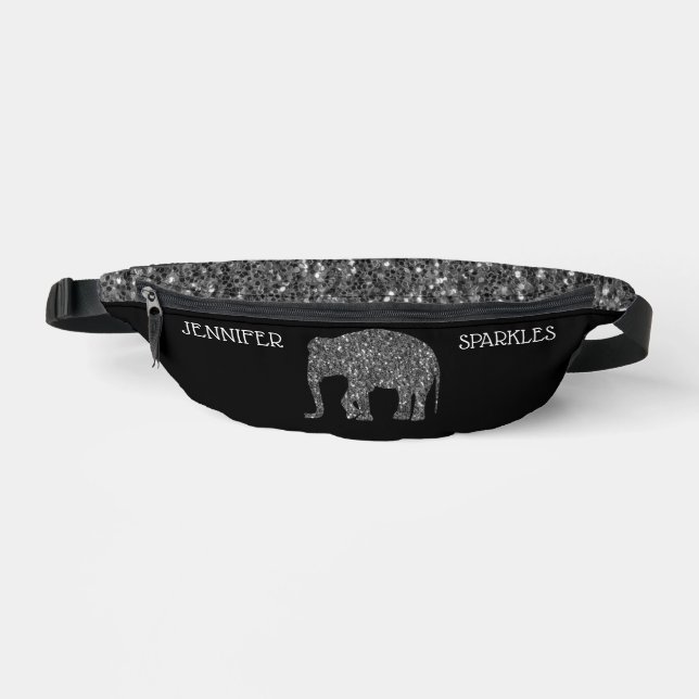 Sparkly silver Elephant Custom name black Bum Bags (Front)