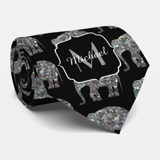 Sparkly silver Elephant pattern on black Monogram Tie (Rolled)