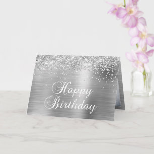 Sparkly Silver Family Photo Happy Birthday Card