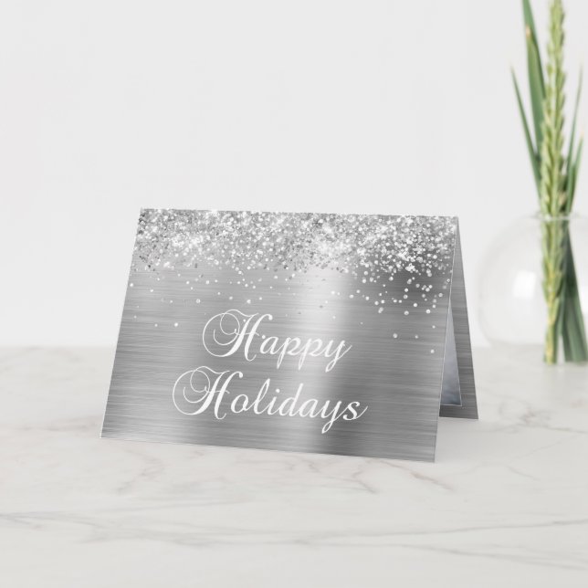 Sparkly Silver Family Photo Happy Holiday Card (Front)