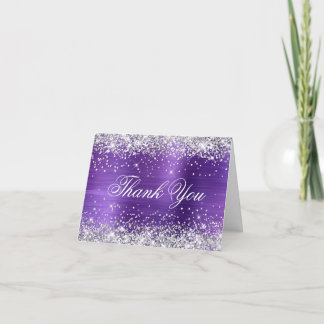 Sparkly Silver Faux Glitter Amethyst Purple Foil Thank You Card