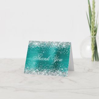 Sparkly Silver Faux Glitter Aqua Teal Foil Thank You Card
