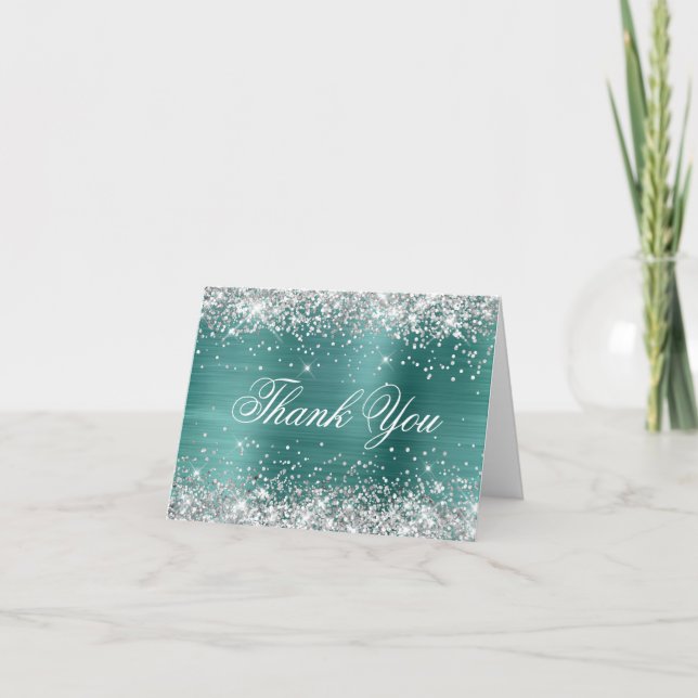 Sparkly Silver Faux Glitter Aqua Teal Foil Thank You Card (Front)