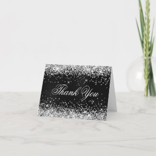 Sparkly Silver Faux Glitter Black Foil Thank You Card