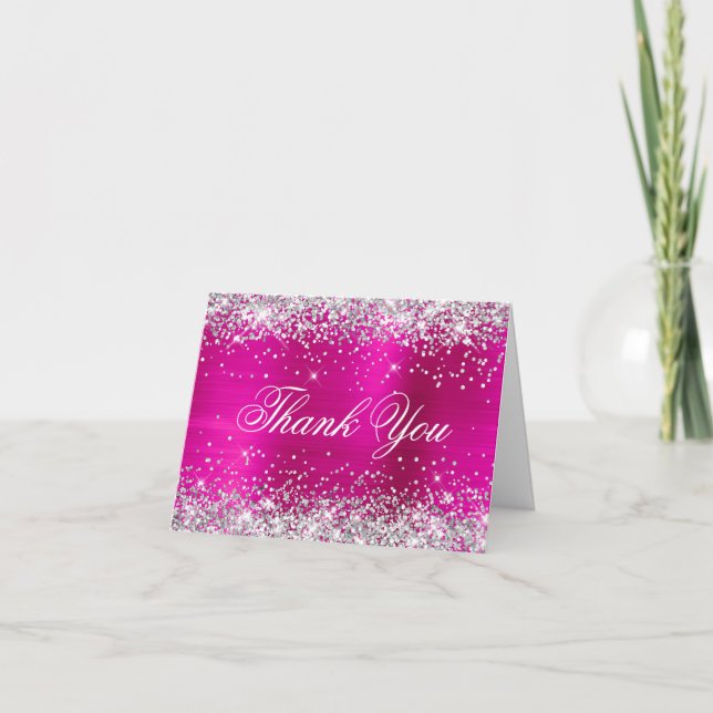 Sparkly Silver Faux Glitter Hot Pink Foil Thank You Card (Front)