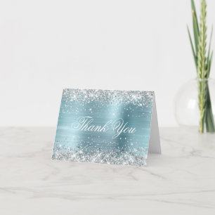 Sparkly Silver Faux Glitter Light Blue Foil Thank You Card