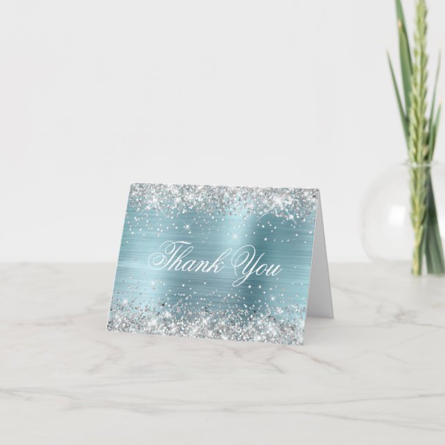 Sparkly Silver Faux Glitter Light Blue Foil Thank You Card (Front)