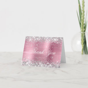 Sparkly Silver Faux Glitter Pretty Pink Foil Thank You Card