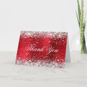 Sparkly Silver Faux Glitter Rose Red Foil Thank You Card