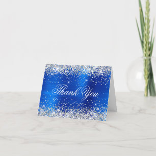 Sparkly Silver Faux Glitter Royal Blue Foil Thank You Card