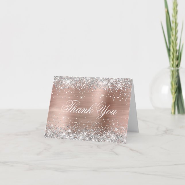 Sparkly Silver Faux Glitter Shiny Rose Gold Foil Thank You Card (Front)