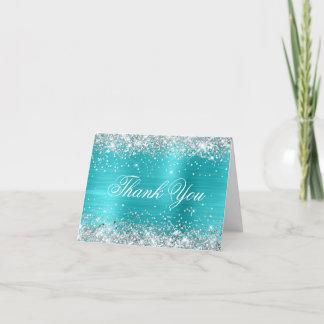 Sparkly Silver Faux Glitter Turquoise Blue Foil Thank You Card