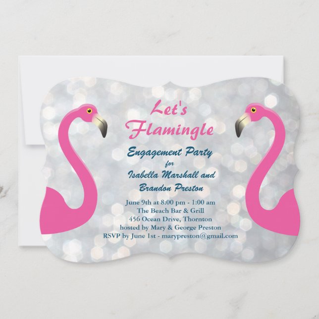 Sparkly Silver Flamingo Engagement Party Invite (Front)