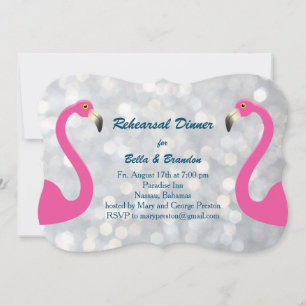 Sparkly Silver Flamingo Rehearsal Dinner Invite