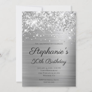 Sparkly Silver Foil Elegant Script 50th Birthday Invitation