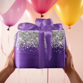 Sparkly Silver Glitter Amethyst Purple Faux Foil Wrapping Paper Sheet