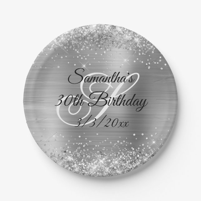 Sparkly Silver Glitter and Foil 30th Birthday Paper Plate (Front)