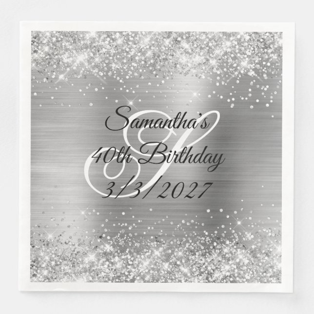 Sparkly Silver Glitter and Foil 40th Birthday Napkin (Front)