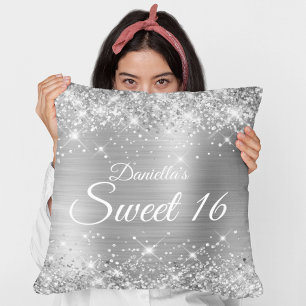 Sparkly Silver Glitter and Foil Sweet 16 Cushion