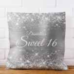 Sparkly Silver Glitter and Foil Sweet 16 Cushion<br><div class="desc">Fabulous sweet 16 girly glam throw pillow for your daughter. The front features the number sixteen in a puffy balloon text image. The background image features a girly glam silvery grey ombre brushed metal style foil with faux silver glitter digital art graphics. On the backside, you can customise the font...</div>