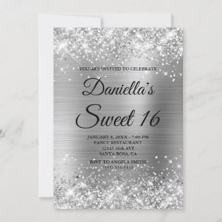 Sparkly Silver Glitter and Foil Sweet 16 Invitation