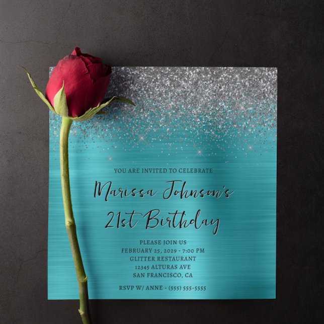 Sparkly Silver Glitter Aqua Blue 21st Birthday Invitation (Sparkly Silver Glitter Aqua Blue 21st Birthday Invitation)