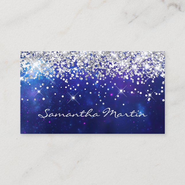 Sparkly Silver Glitter Aqua Blue Celestial Business Card (Front)