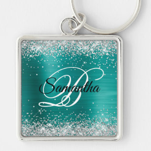 Sparkly Silver Glitter Aqua Teal Foil Monogram Key Ring