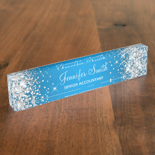 Sparkly Silver Glitter Azure Gradient Nameplate