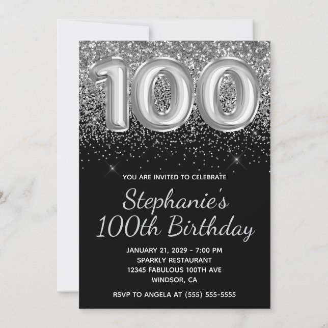 Sparkly Silver Glitter Black 100th Birthday Invitation (Front)