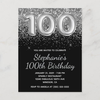 Sparkly Silver Glitter Black 100th Birthday Invitation Postcard