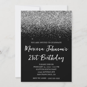 Sparkly Silver Glitter Black 21st Birthday Invitation