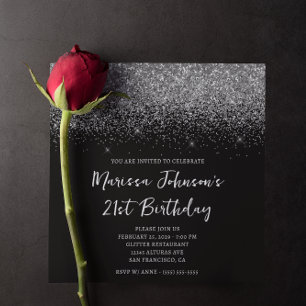 Sparkly Silver Glitter Black 21st Birthday Invitation