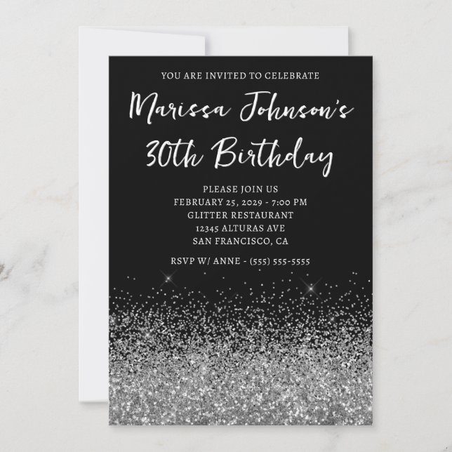 Sparkly Silver Glitter Black 30th Birthday Invitation (Front)