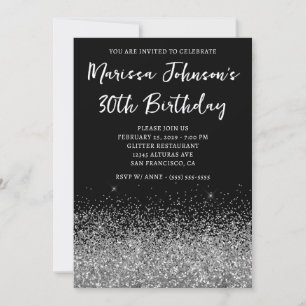 Sparkly Silver Glitter Black 30th Birthday Invitation