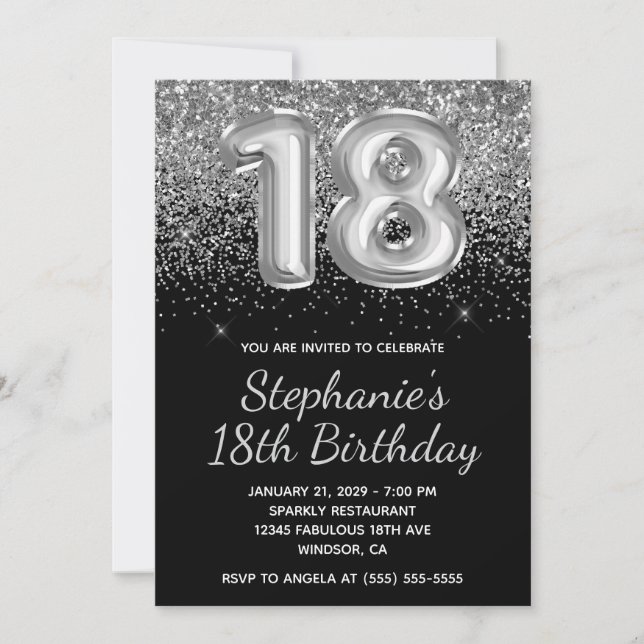 Sparkly Silver Glitter Black Balloon 18th Birthday Invitation (Front)