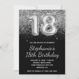 Sparkly Silver Glitter Black Balloon 18th Birthday Invitation
