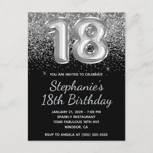 Sparkly Silver Glitter Black Balloon 18th Birthday Invitation Postcard