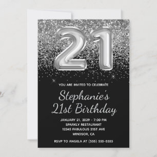 Sparkly Silver Glitter Black Balloon 21st Birthday Invitation