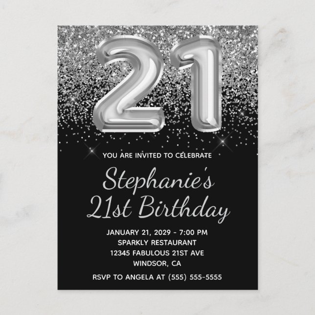 Sparkly Silver Glitter Black Balloon 21st Birthday Invitation Postcard (Front)