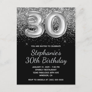 Sparkly Silver Glitter Black Balloon 30th Birthday Invitation Postcard