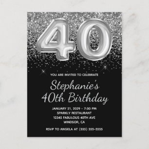 Sparkly Silver Glitter Black Balloon 40th Birthday Invitation Postcard