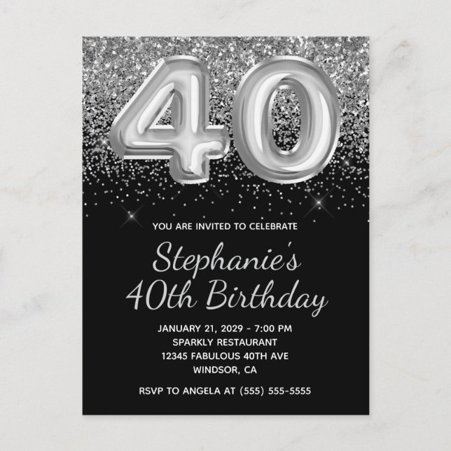 Sparkly Silver Glitter Black Balloon 40th Birthday Invitation Postcard (Front)