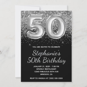 Sparkly Silver Glitter Black Balloon 50th Birthday Invitation