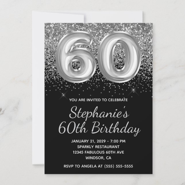 Sparkly Silver Glitter Black Balloon 60th Birthday Invitation (Front)
