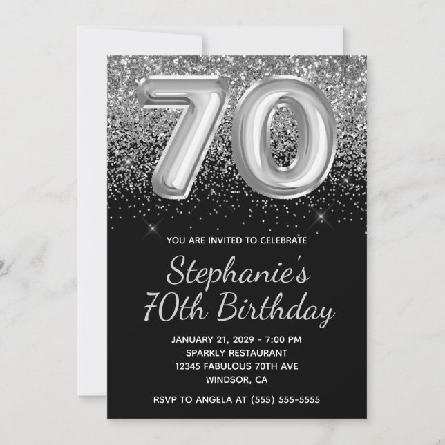 Sparkly Silver Glitter Black Balloon 70th Birthday Invitation (Front)