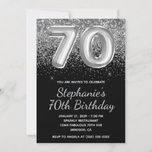 Sparkly Silver Glitter Black Balloon 70th Birthday Invitation