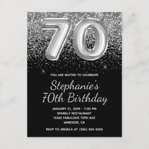 Sparkly Silver Glitter Black Balloon 70th Birthday Invitation Postcard