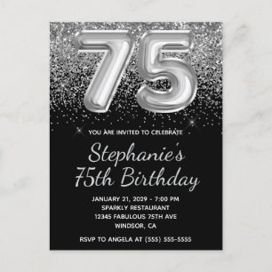 Sparkly Silver Glitter Black Balloon 75th Birthday Invitation Postcard